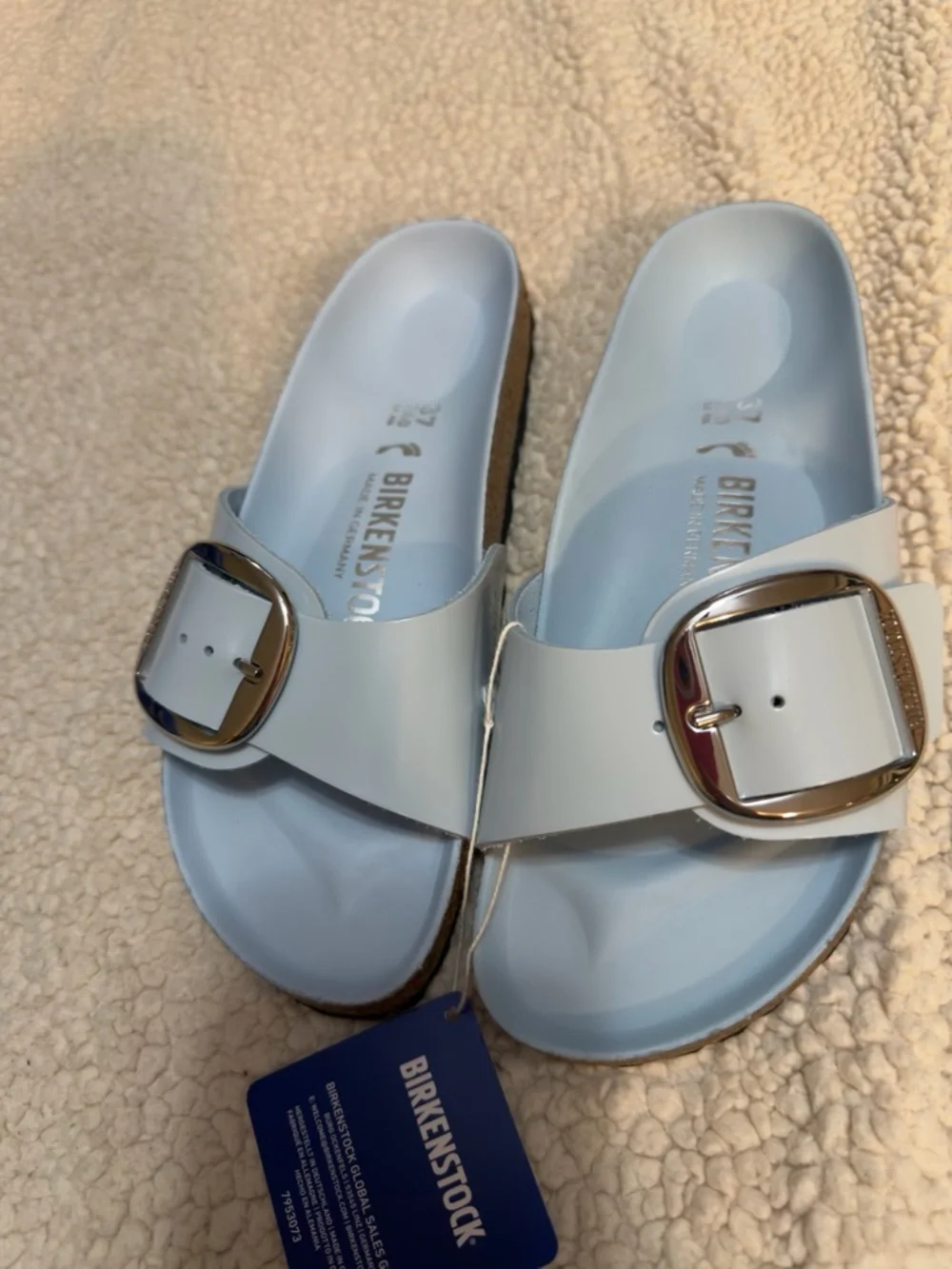Birkenstock Madrid Big Buckle Sandal New in Box- Baby Blue High Shine size 6-6.5